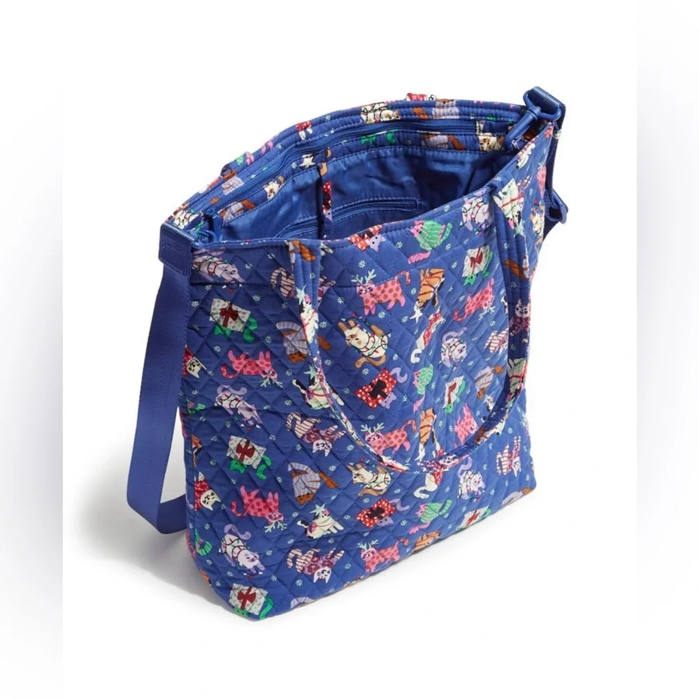 NWT Vera Bradley Cotton Large North South Tote Catnip Christmas Cats Blue‎ $129